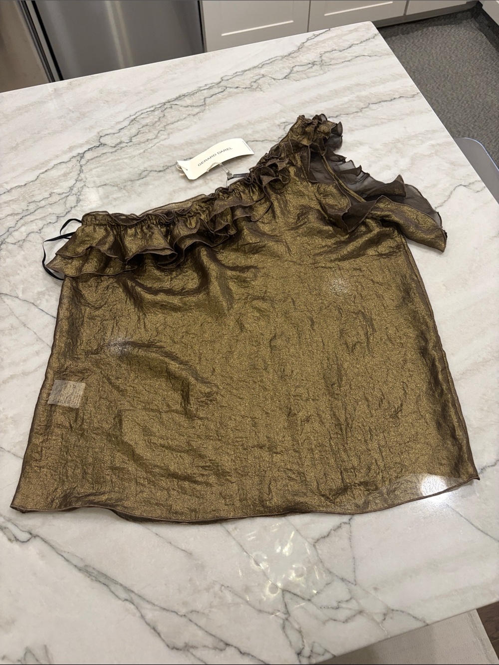 GERARD DAREL Metallic Gold Ruffled One-Shoulder Women's Top SZ 38/ 2/ XS